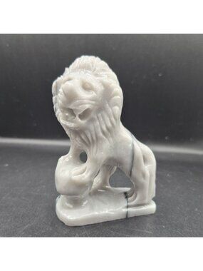 Carved White Marble Lion Figurine With Black Veining  Tall Decorative Sculpture
